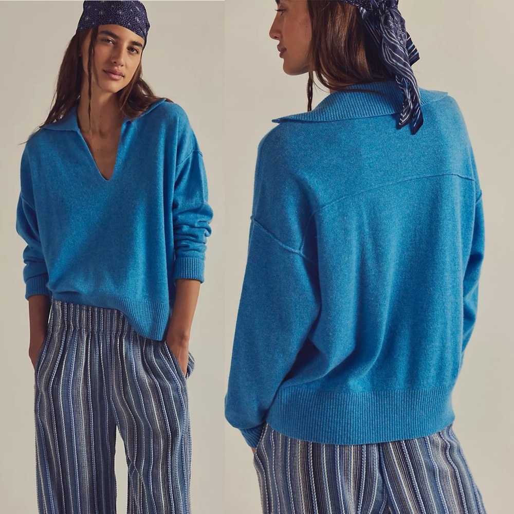 NWT Free People Eloura Cashmere Henley Sweater Aquarius